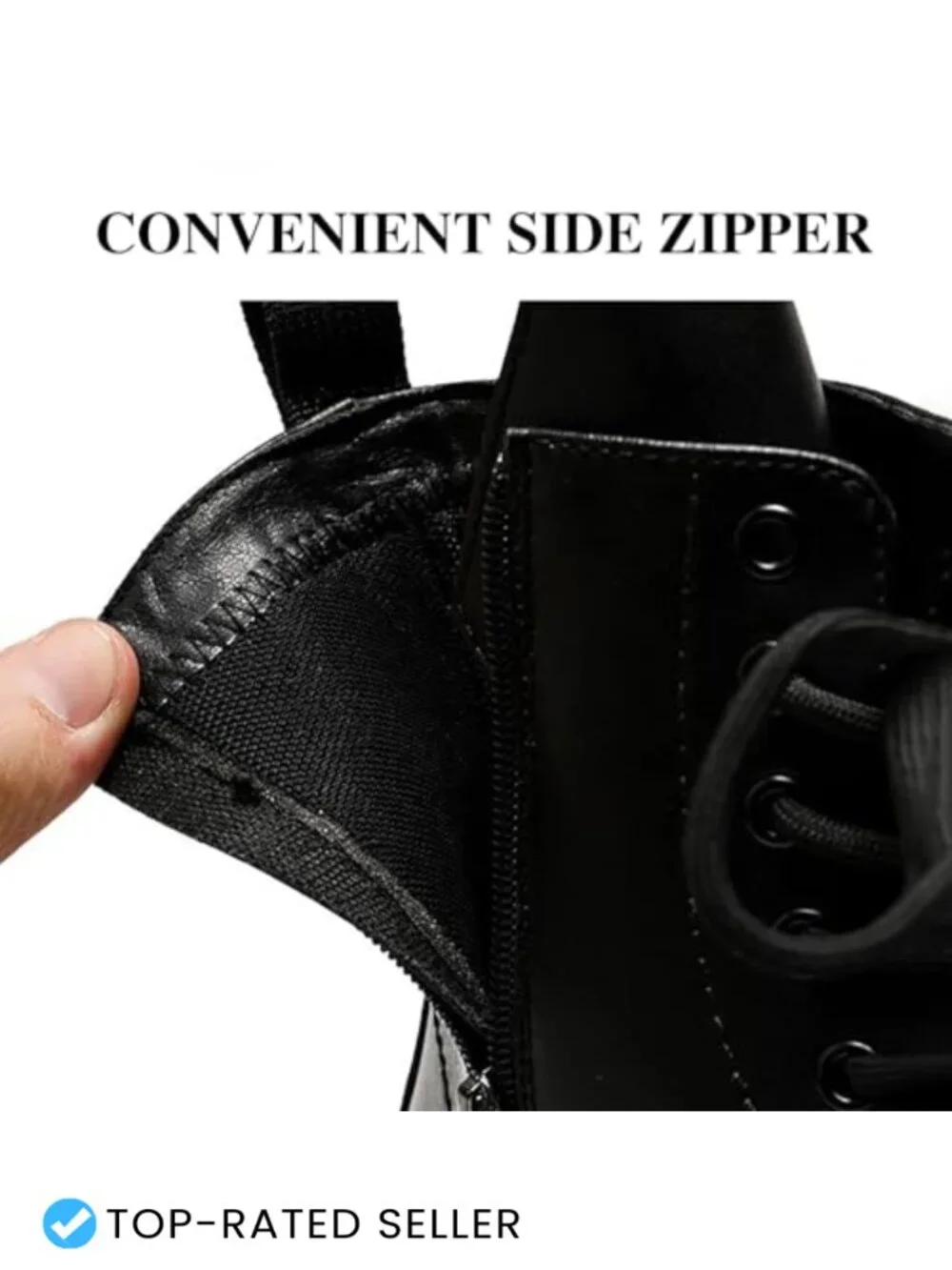 Men's Patent Leather Platform Combat Boots Wide Toe Lace Up Side Zipper